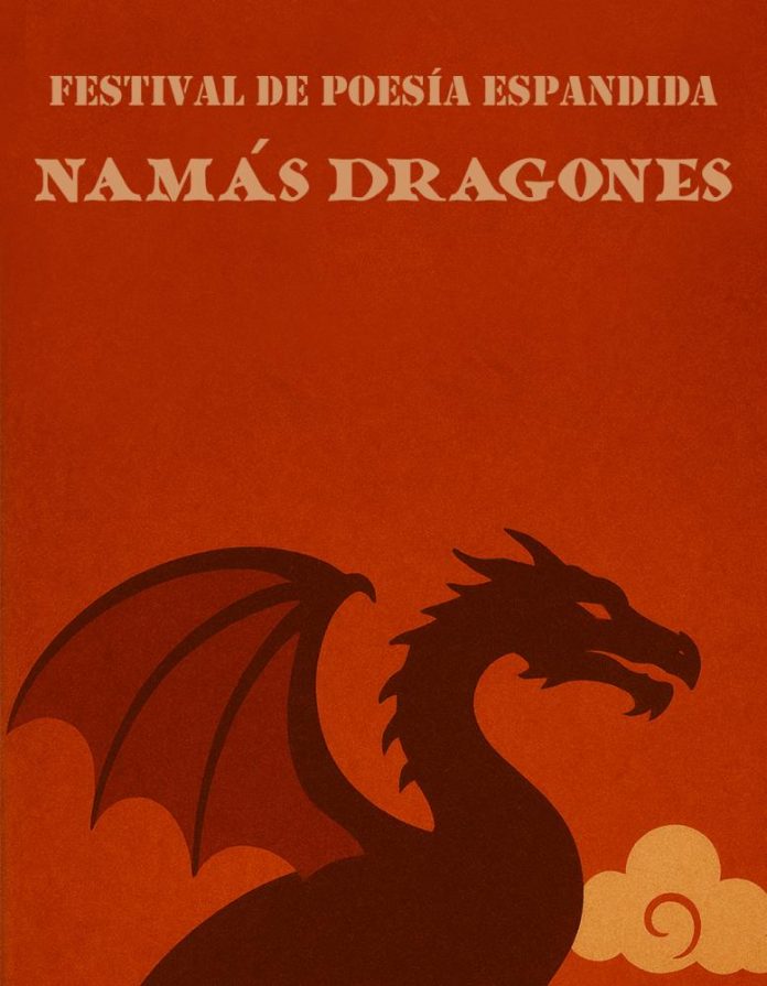 namas-dragones Cartel actividá de la Nueche Blanca Uviéu con texto: "Festival de Poesía Espandida NAMÁS DRAGONES" y silueta de un dragón. Tonos coloraos.