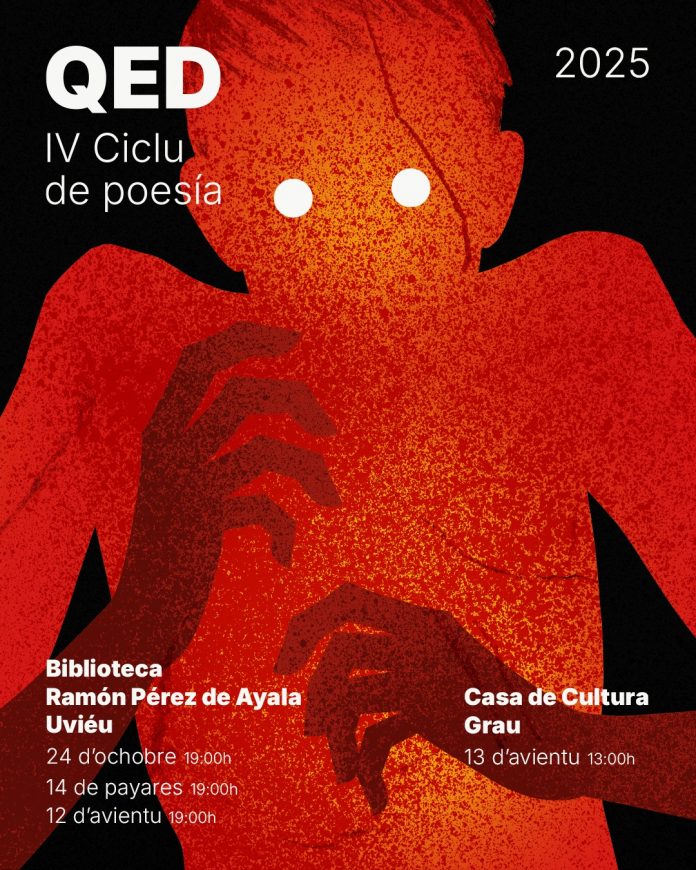 WhatsApp Image 2025-10-20 at 12.37.57 Cartel IV Ciclu de poesía QED. Fondu prietu, figura collorada colos güeyos blancos y les manes en postura como de mieu.