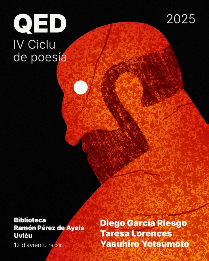 WhatsApp Image 2025-12-09 at 12.25.54 Cartel de la tercer sesión del Ciclu de Poesía QED 2025: figura d'home de perfil y información sobre autores y recital.