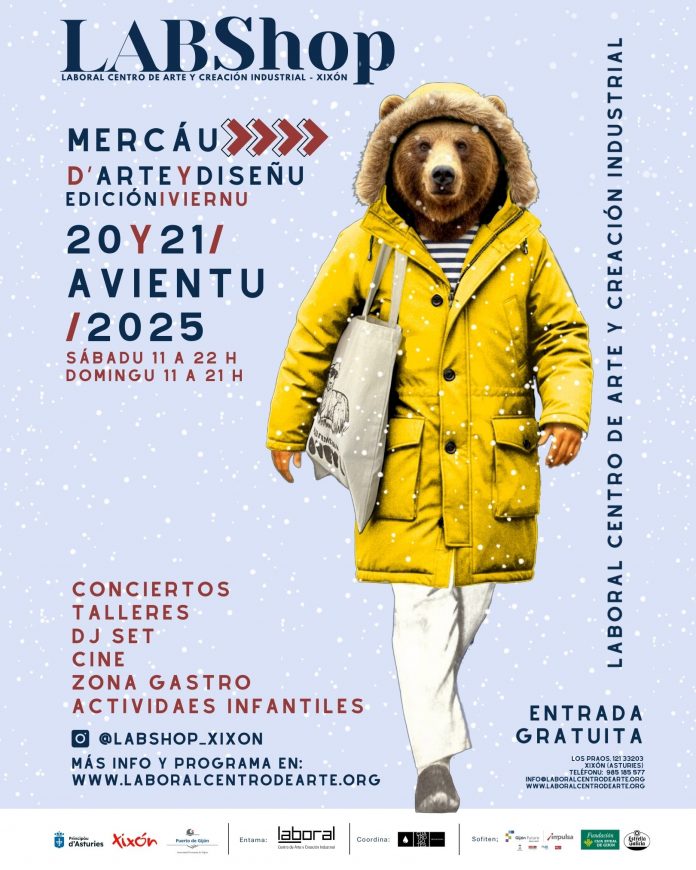 folletu labshop 2024 cara A_ast Cartel LABShop: 20 y 21 d'avientu 2025. Na semeya, un humanu con trenca mariella y cabeza d'osu caminando