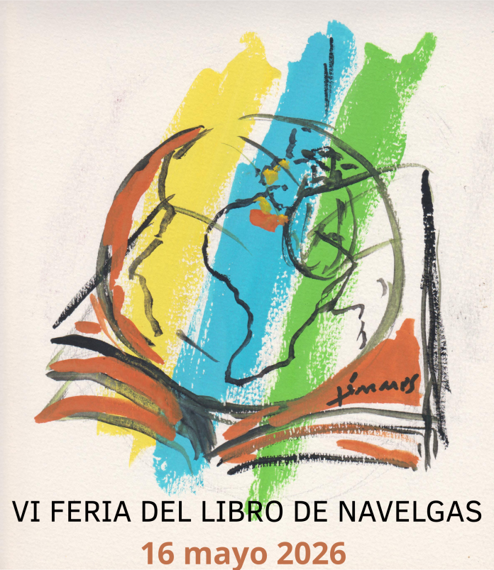 Cartel de la Feria. Dibuxu: llibru, globu xeográficu y pincelaes de color.